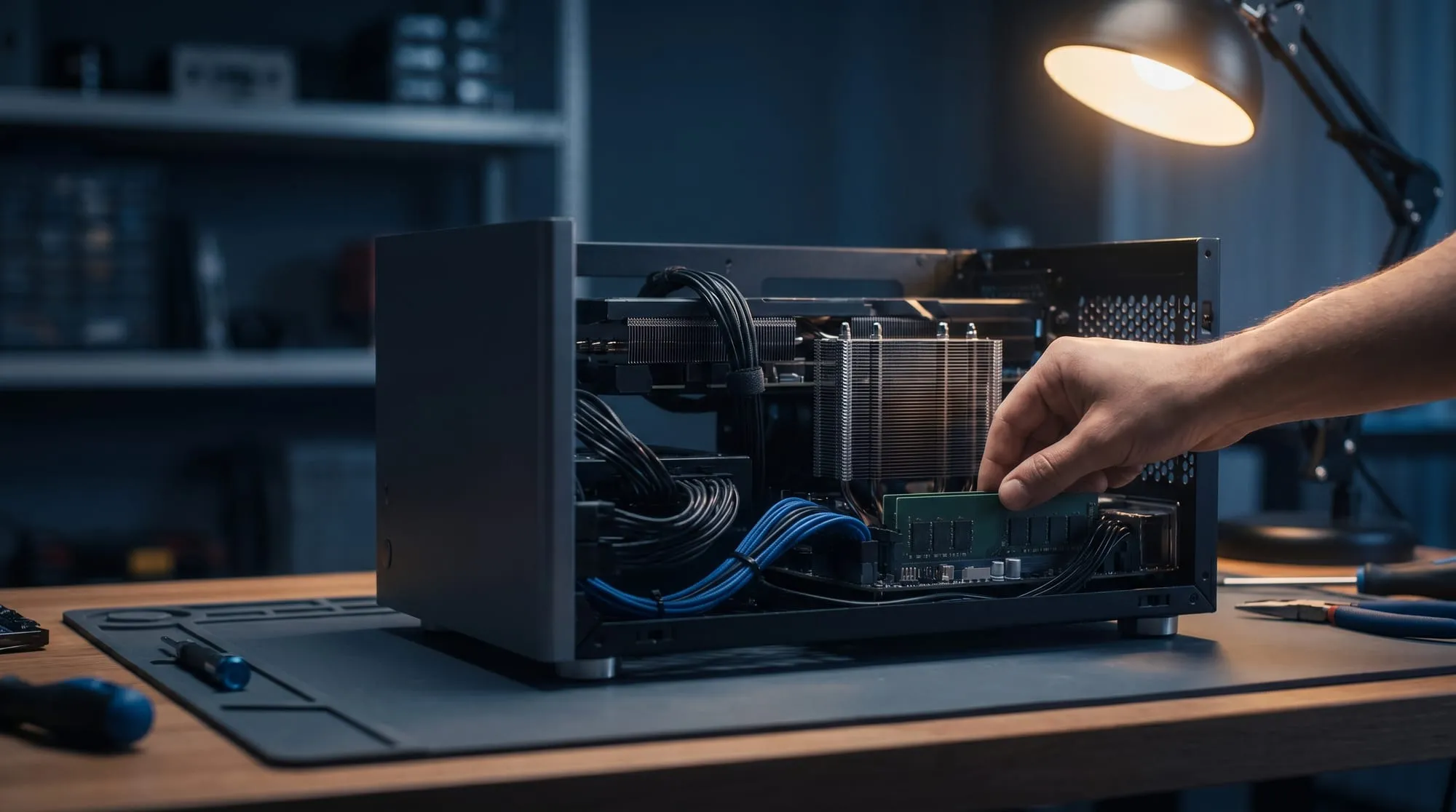 Geopende desktop-computer op een werkbank tijdens onderhoud