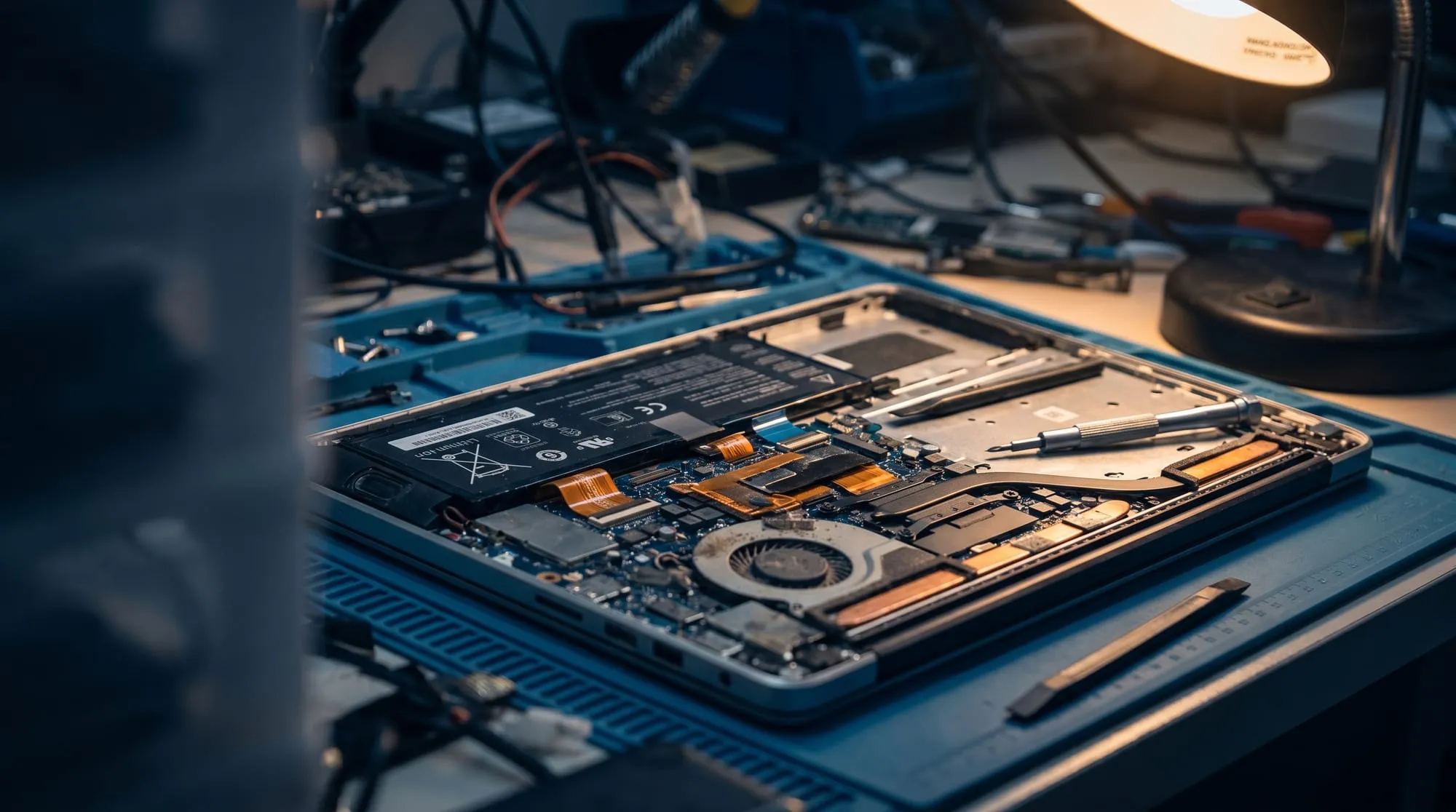 Geopende laptop op een reparatiemat met zichtbare accu, koeler en ribbon-kabels